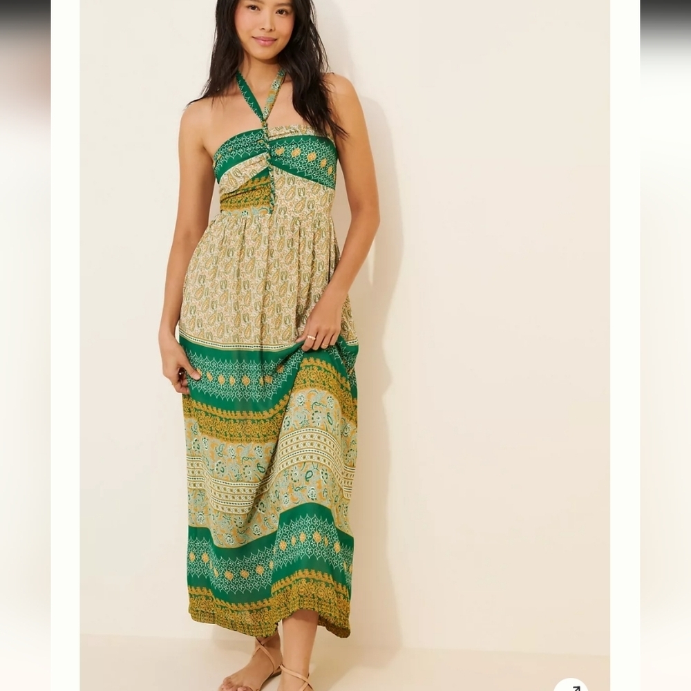 Tiny Twist Halter Maxi Dress Size XS Mixed Print Paisley Green Gold Smocked Back